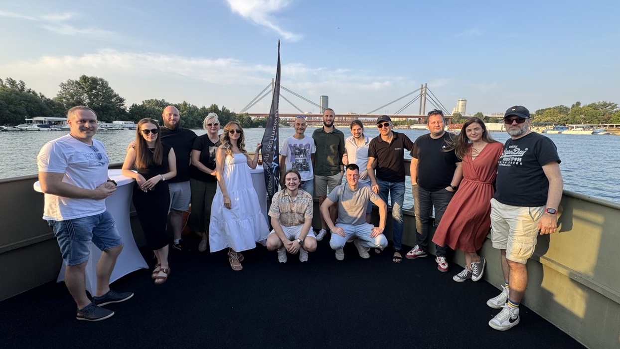 The team on a boat cruise on the Danube